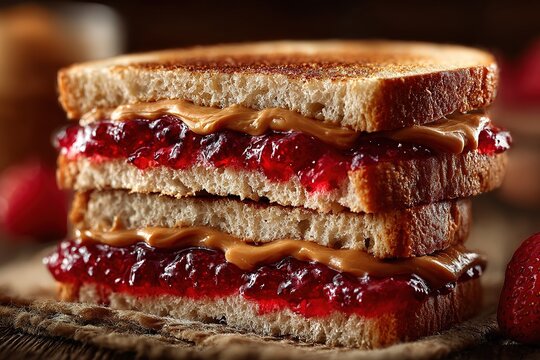 Close-up of a stacked peanut butter and jelly sandwich on a wooden board