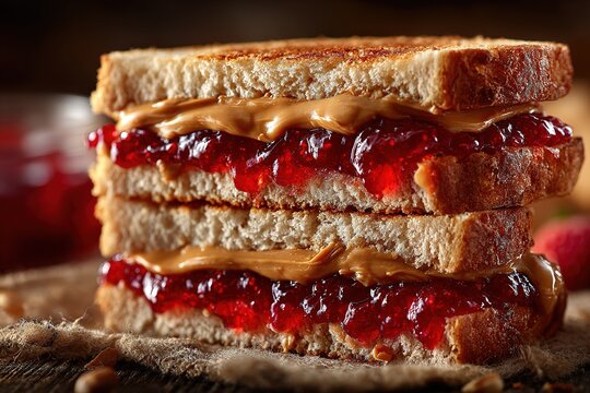 Close-up of a stacked peanut butter and jelly sandwich on a wooden board