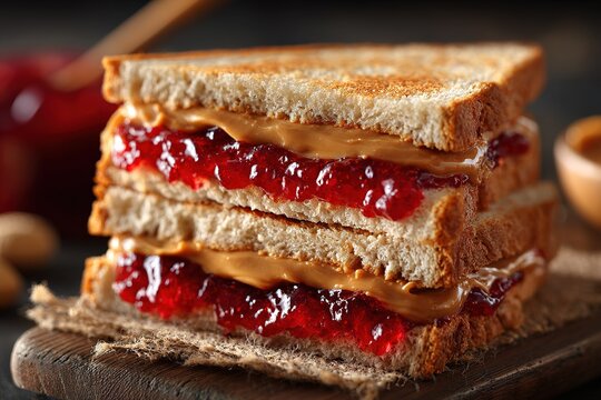 Close-up of a stacked peanut butter and jelly sandwich on a wooden board