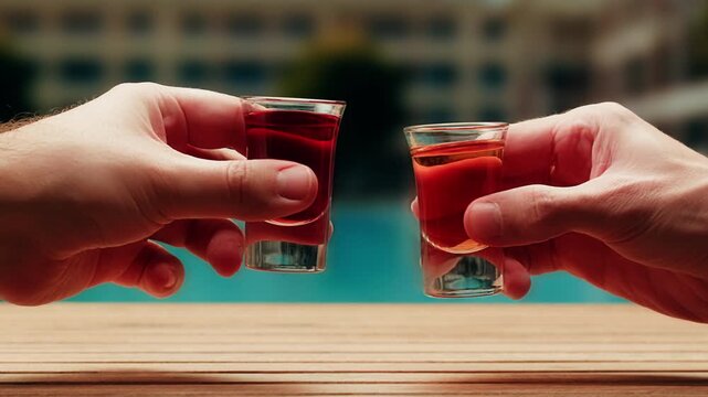 Pouring shot of red bitter, Cognac, whisky, Campari, Aperol, Cherry Vermouth Negroni, spanish wine drink, Alcoholic Americano Cocktail bitter, sweet vermouth and soda water, close up of making drink