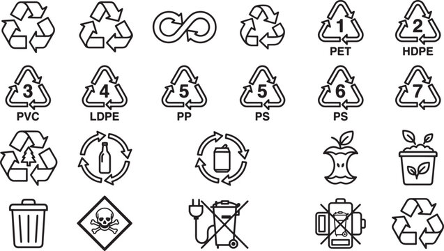 Collection of diverse recycling symbols against the black background, the image shows the many forms in which recyclable materials may come, illustrating the breadth of materials.