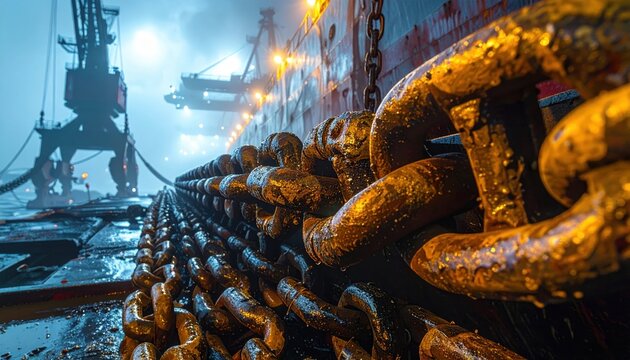Thick Industrial Chains Securely Fastened to a Large Ship in a Misty Port Setting