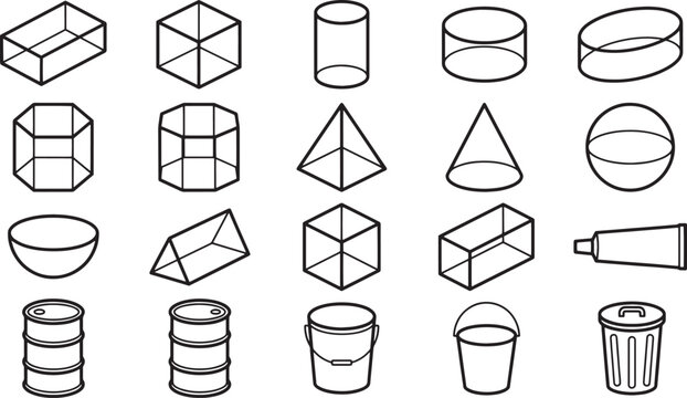 A collection of geometric shapes and objects in an isometric black and white outline, emphasizing the various forms and their detailed structures.