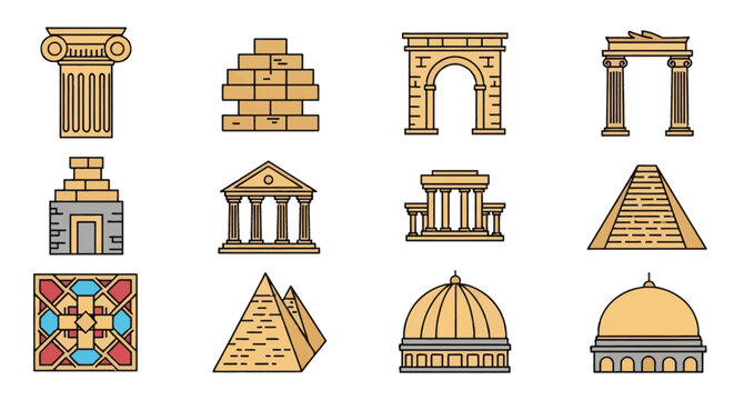 Collection of ancient architecture vector icons featuring a Greek temple, Egyptian pyramids, Roman triumphal arch, Ionic column, Mayan ziggurat, stone masonry, and dome structures.