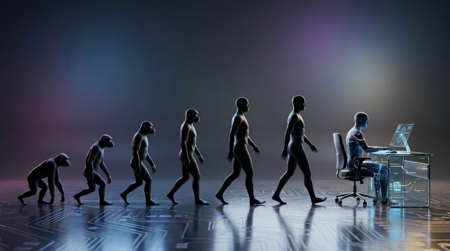 Evolution of man from ape to modern human working on a computer in a futuristic digital environment.