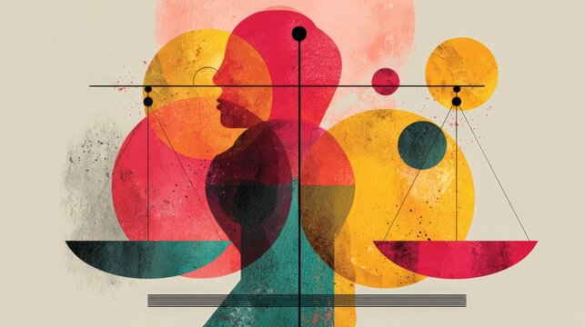 Abstract Representation of Human Silhouette and Balance Scales with Colorful Circles and Textured Background