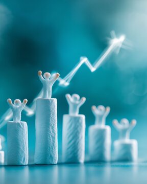 Financial Growth Ascendancy: A miniature world comes alive as tiny figures celebrate atop rising bar graphs, symbolizing success, achievement.
