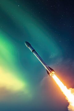 A rocket blasts off into the sky with a vibrant green and yellow aurora in the background vertical frame