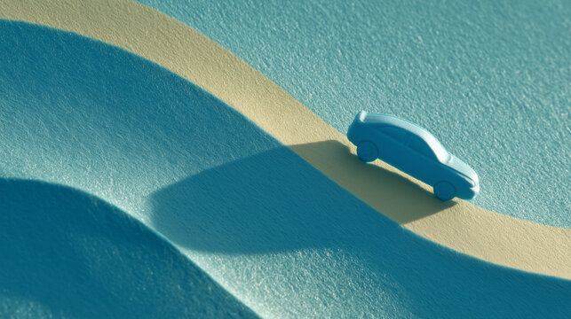 Road Adventure with blue car: An eye-level, surreal shot featuring a blue toy car gracefully traversing a winding road amidst undulating dunes. This artistic visual encapsulates the essence of travel.