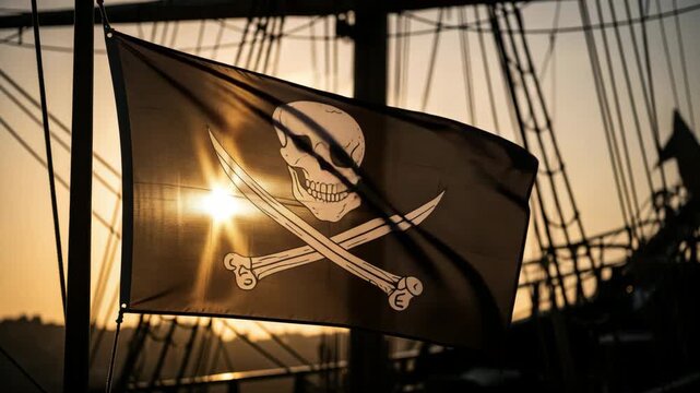 Dark and Moody Jolly Roger Pirate Flag with Skull and Crossed Swords Waving on Tall Ship Mast Against Golden Sunset Sky Adventure Concept