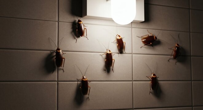 A group of cockroaches gather on a tiled wall near a light source in a dark environment.