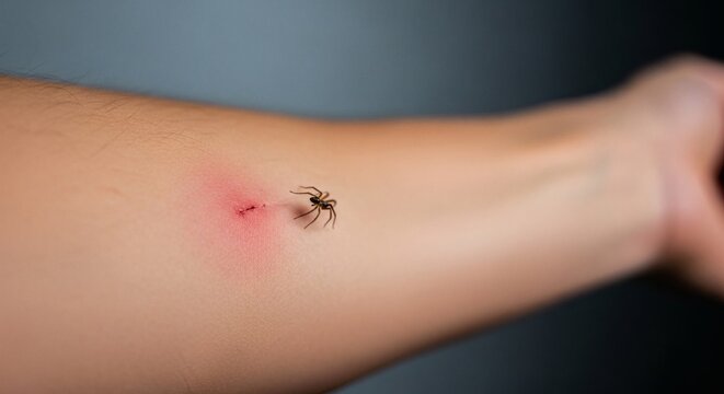 A tick is attached to a person's arm causing a red and itchy bug bite
