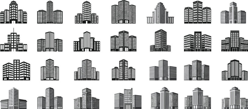 Large collection of flat skyscraper silhouettes and office building icons in black and grey for urban city skyline design architecture projects and corporate infographics