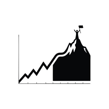 Person celebrates reaching summit with flag on graph mountain peak