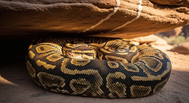 A coiled ball python resting under a rocky outcropping in a desert landscape