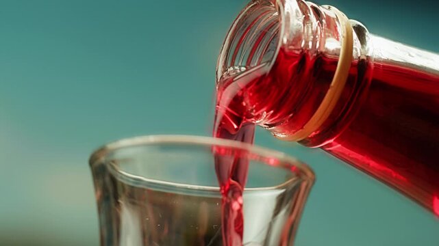 Pouring shot of red bitter, Cognac, whisky, Campari, Aperol, Cherry Vermouth Negroni, spanish wine drink, Alcoholic Americano Cocktail bitter, sweet vermouth and soda water, close up of making drink