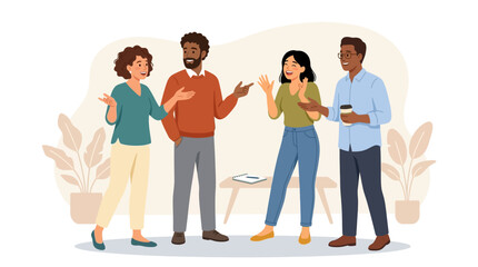 Obraz premium Diverse Group of Coworkers Talking and Expressing Ideas in a Casual Office Workspace Vector