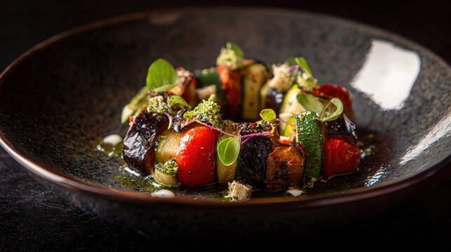 High End Restaurant Ratatouille Presentation with Perfectly Aligned Glossy Vegetables on Dark Cerami