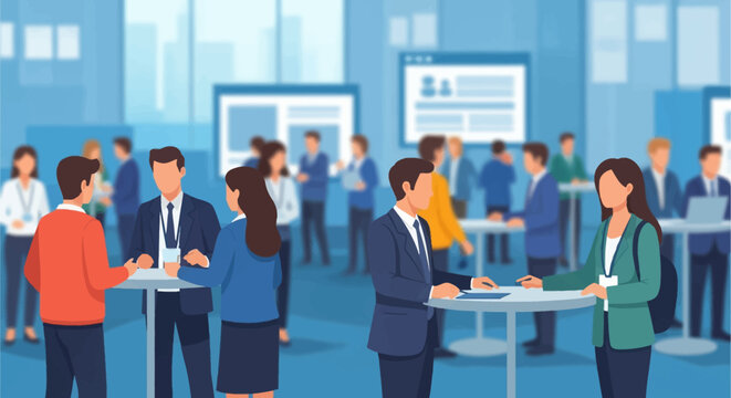 Vector illustration of professionals networking at a corporate event or job fair, standing around high-top tables in a modern office hall with blurred backgrounds and screens.