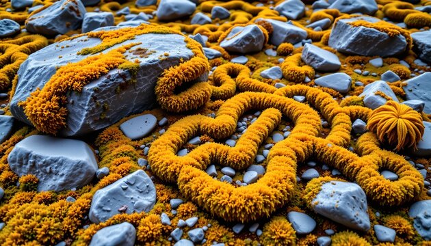 The image depicts a rocky terrain covered with vibrant orange and yellow moss like plants that form a winding, snake like pattern across the surface