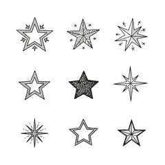 Obraz premium Set of nine hand-drawn star vector illustrations in black ink featuring stippling, hatching, and dotwork textures, celestial twinkling star shapes on a white background.