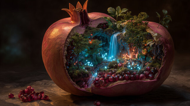 Magical Pomegranate Miniature Forest With Waterfall, Glowing Lights and Lush Mossy Interior