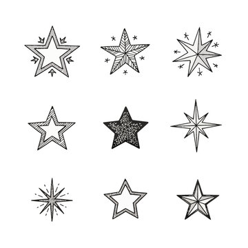 Set of nine hand-drawn star vector illustrations in black ink featuring stippling, hatching, and dotwork textures, celestial twinkling star shapes on a white background.
