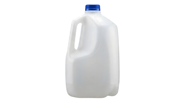 A white plastic gallon jug with a blue cap presented vertically in a clean studio setting isolated on transparent background