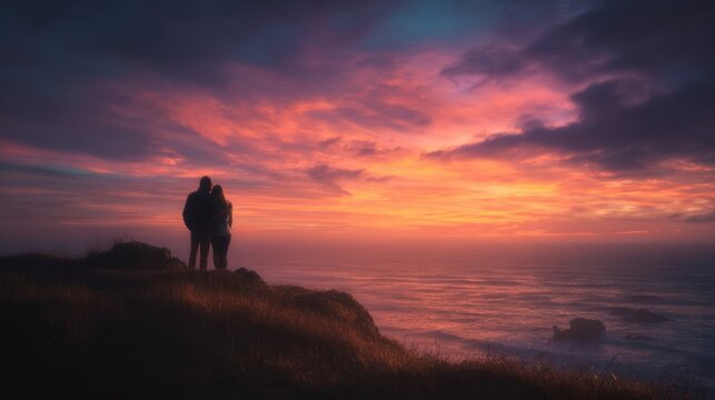 Pair watching sunset from a cliff, arms around each other, ocean below, dramatic colors, serene moment, 8k, realistic, full ultra HD, high resolution, cinematic photography