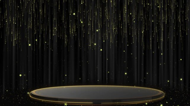 Animated Award party stage golden stage Backdrop stage podium. Realistic 3d elements. Moving animation background. Luxury art deco. Geometric advertising platform Particle, luxury awards ceremony 3D