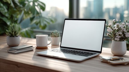 Fototapeta premium Modern Desk Setup With Laptop and Plants by the Window Golden Hour Lighting