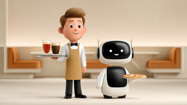 Human and robot waiters working in modern restaurant, illustrating smart automation