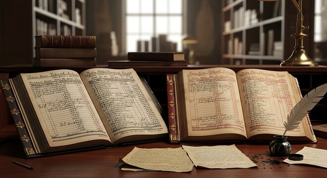 Vintage books and writing desk with inkwell
