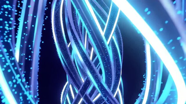 A mesmerizing video of glowing blue neon lights twisting together in a dark background