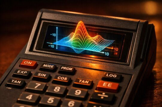 Scientific calculator screen showing a vibrant, colorful two variable function plotted as a 3D surface, representing data analysis, statistical modeling, and advanced mathematical concepts