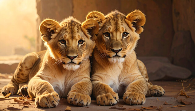 Lion cubs cuddling together