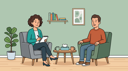 Fototapeta premium Psychologist Consulting Male Patient in Therapy Office Vector Art