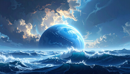 Ocean planet under cloudy sky
