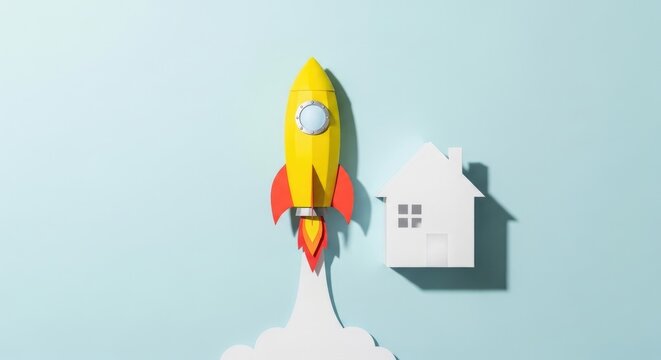 Paper rocket launching from a white wall a symbol of innovation and growth