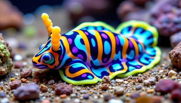 The image features a vividly colored toy or model of a marine creature resembling an armored fish or nudibranch, resting on a rocky and sandy seabed