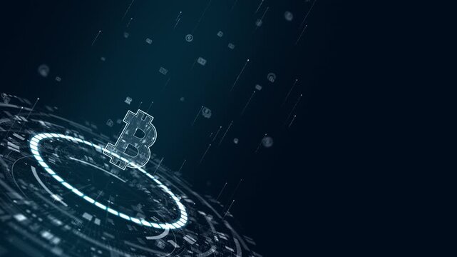 Motion graphic of bitcoin symbol on a futuristic interface with digital currency data and fintech visuals, creating a cryptocurrency technology background for business video.