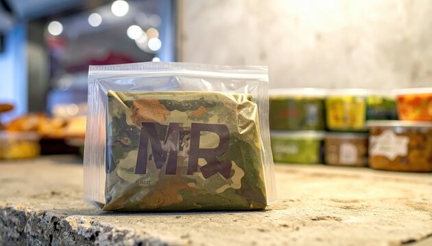 Single Unopened MRE Meal Ready to Eat Pack, a Lifeline of Sustenance Lying on a Rough Surface