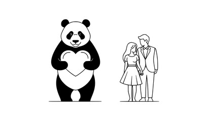 Modern panda love vector with heart and couple black and white flat outline style © ShanjidaAkter