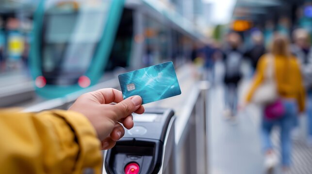 Person using a contactless card at a tram fare gate in a busy urban setting