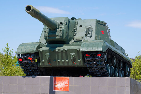 PUKHOVO, RUSSIA - MAY 04, 2025: Self-propelled artillery unit of the ISU-152 "Zveroboy" on a sunny May day. Monument to tankmen-heroes of the Great Patriotic War. Pukhovo village, Voronezh region