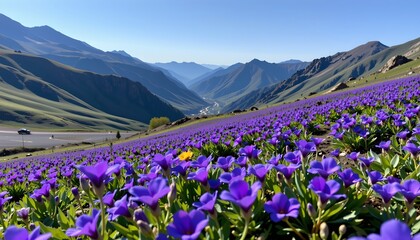 Fototapeta premium The image features a vast hillside covered with vibrant purple flowers stretching across the foreground