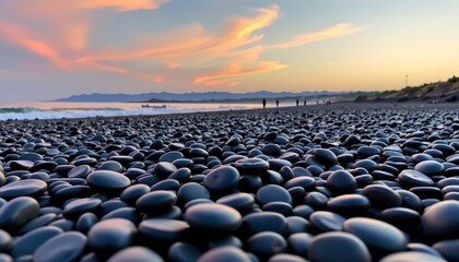 Obraz premium The image depicts a serene beach scene during sunset, with the sky painted in soft pastel hues of pink, orange, and blue