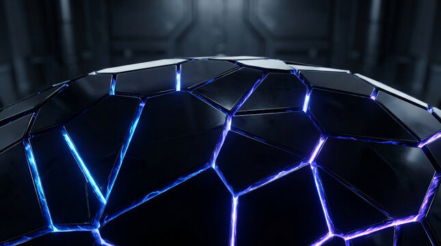 Abstract 3D Sci-Fi Fractured Black Sphere with Glowing Light