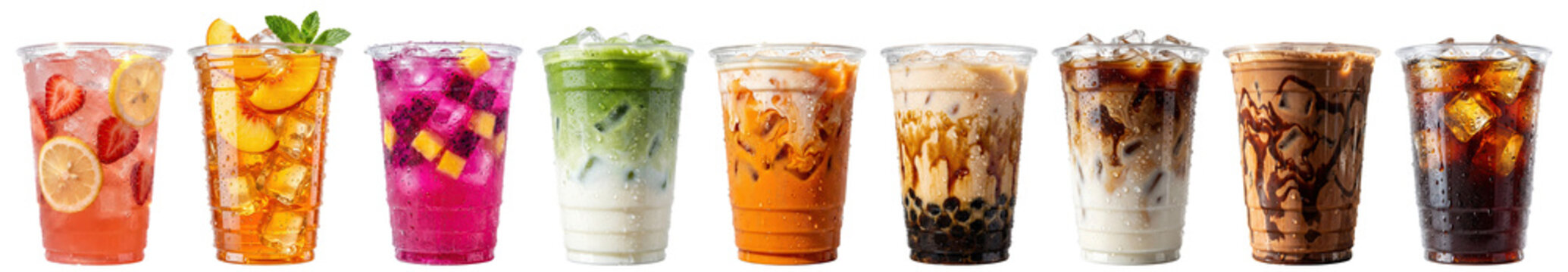 iced beverages including fruit refreshers matcha latte boba milk tea and iced coffee in takeaway cups on transparent background
