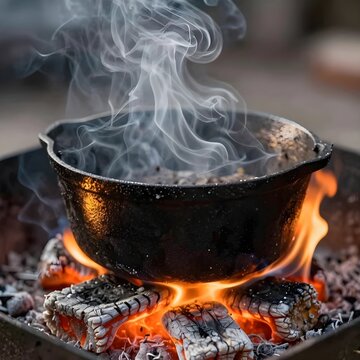 Hand-Built Clay Stove with Burning Wood and a Soot-Covered Black Pot in a Rural Kitchen.